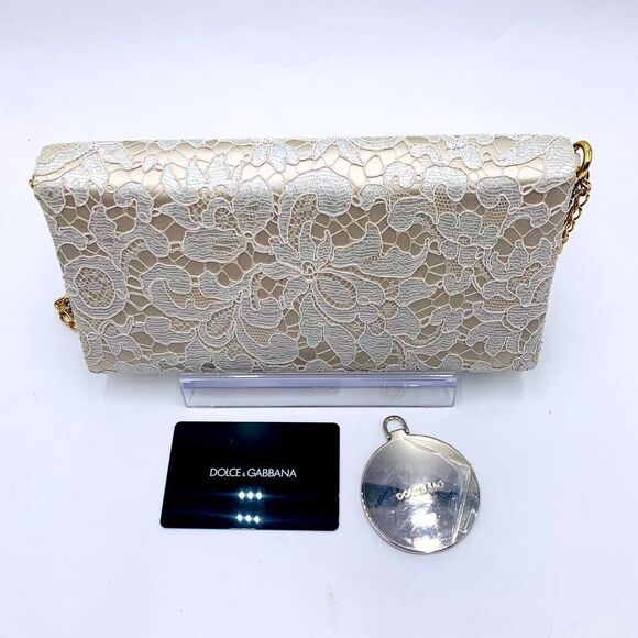 Auth Dolce & Gabbana Floral Lace Taormina Clutch Gold Silver Chains Straps - Picture 12 of 16
